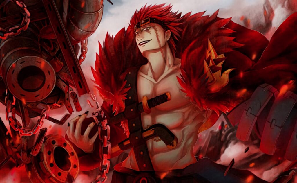 Eustass Kid from One Piece fiery red art style with mechanical parts glowing embers dynamic pose Wallpaper