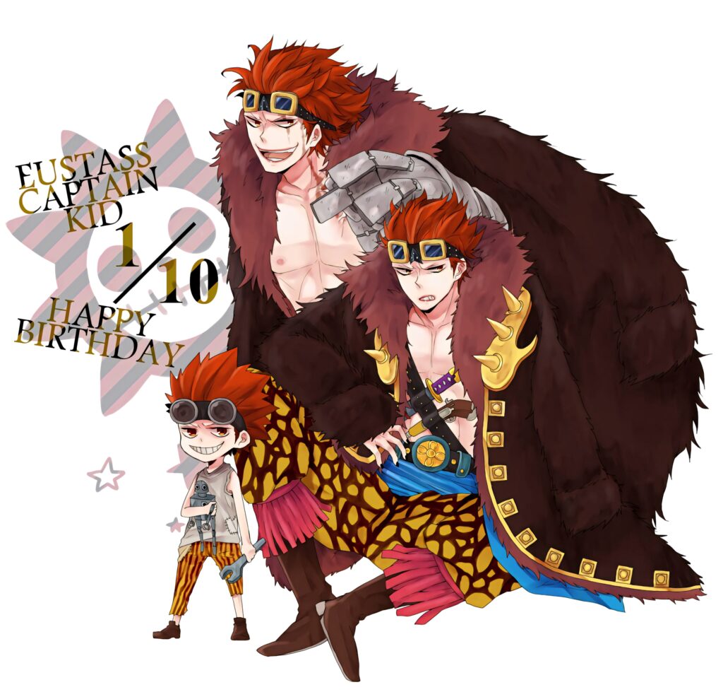 One Piece wallpaper of Eustass Kid birthday vibrant anime art with red hair metallic arm and fur coat