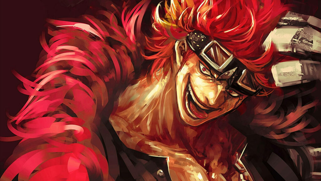 Eustass Kid One Piece desktop wallpaper bold portrait vivid red tones intense expression digital art