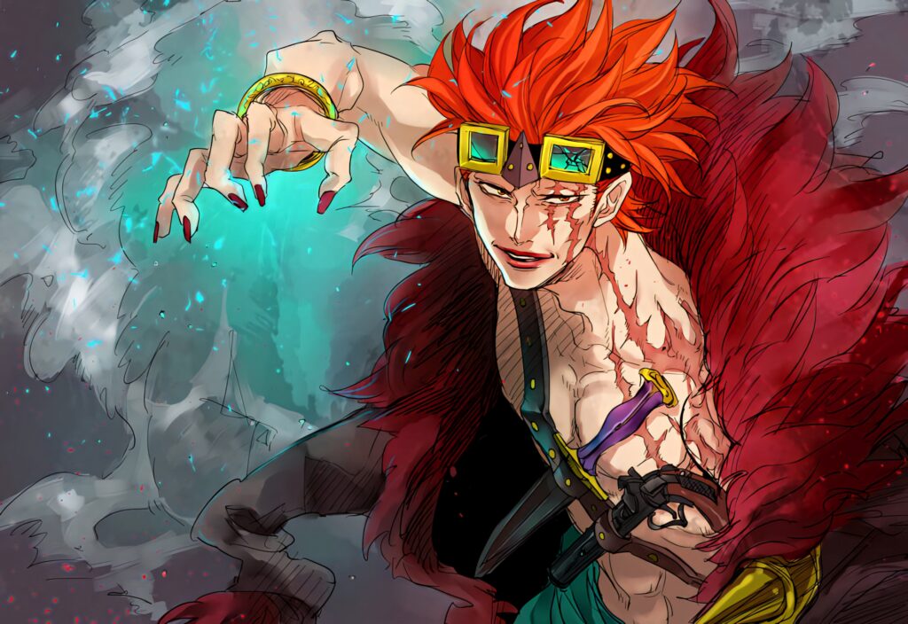 Eustass Kid One Piece dynamic wallpaper with fiery hair and swirling blue purple energy background