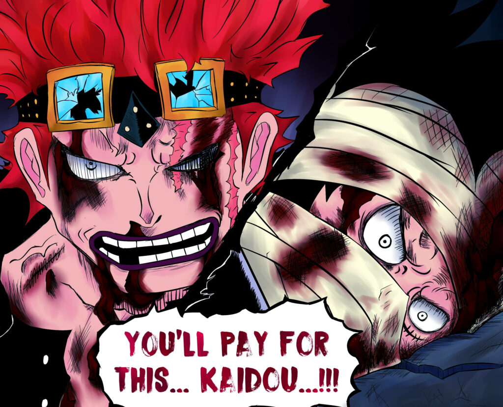 One Piece wallpaper featuring Eustass Kid versus Kaido intense battle with vibrant anime art