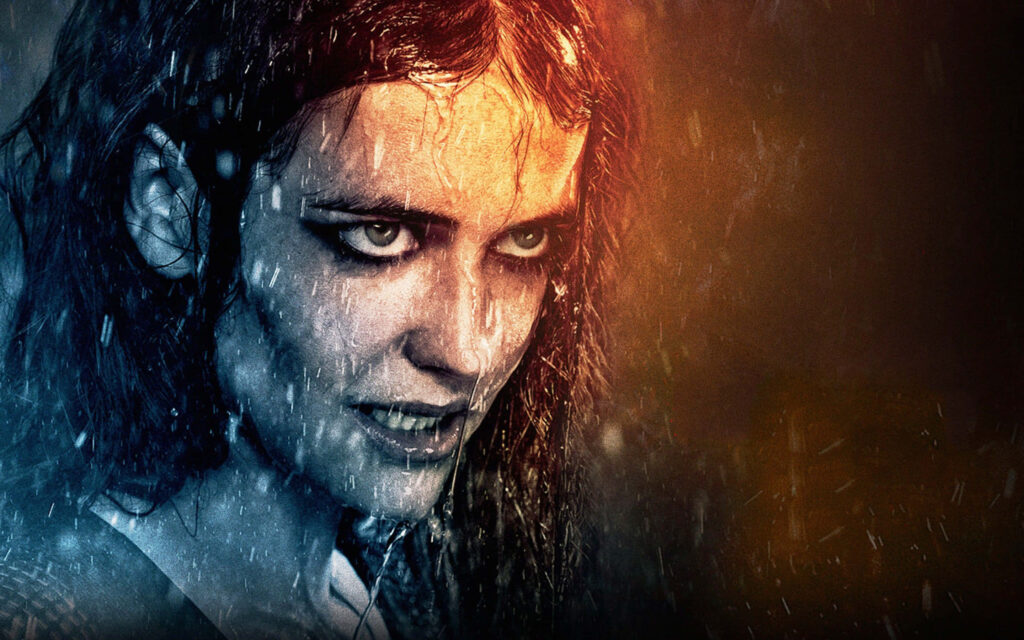 Eva Green fierce photoshoot in rain intense gaze dramatic lighting wallpaper background