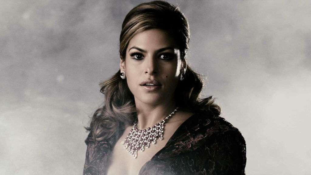 Close-up greyscale portrait of Eva Mendes with classic waves and statement necklace wallpaper