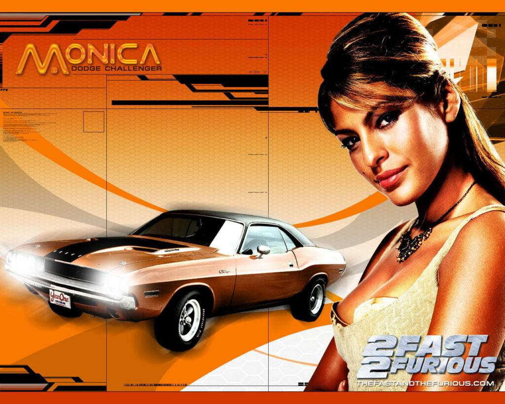 Eva Mendes with classic Dodge Challenger in orange graphic 2 Fast 2 Furious wallpaper background