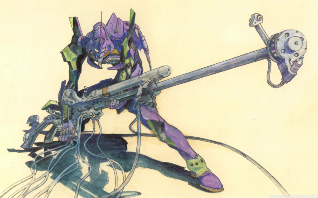 Eva Unit 01 wielding massive weapon in dynamic battle pose against pale wallpaper background