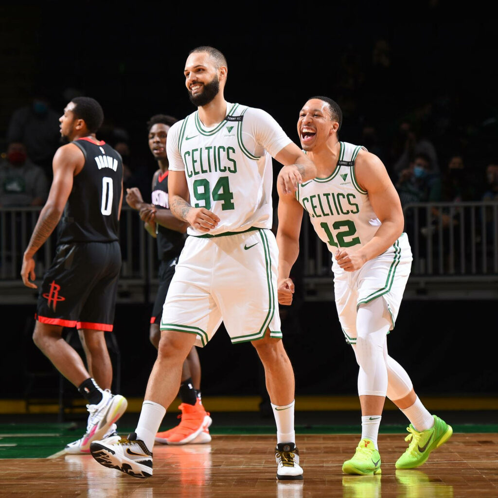 Evan Fournier and Grant Williams Celtics vs Rockets NBA action vibrant jerseys hardwood court wallpaper