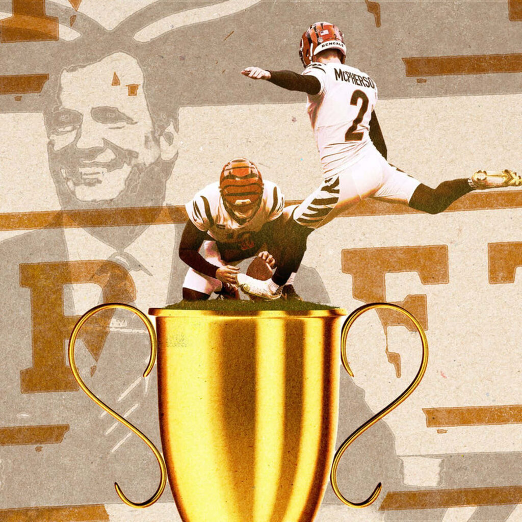 Evan McPherson Bengals kicker mid-action with trophy warm golden tones football wallpaper background