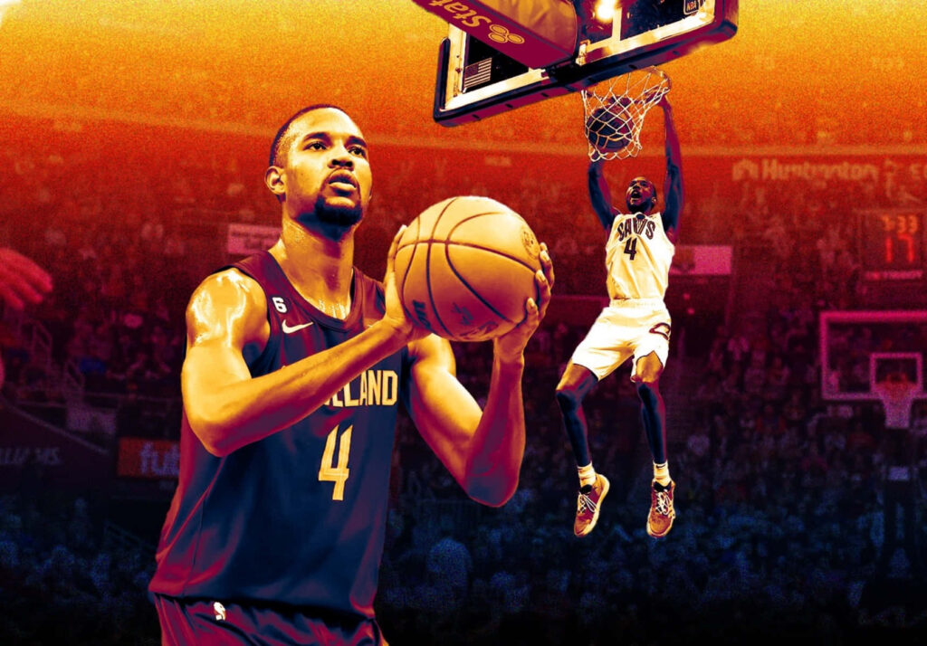 Evan Mobley Cleveland Cavaliers basketball dunk and free throw vibrant fiery action wallpaper