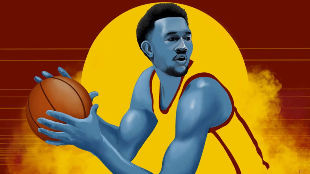 Evan Mobley digital portrait wallpaper showing intense focus with basketball on red background
