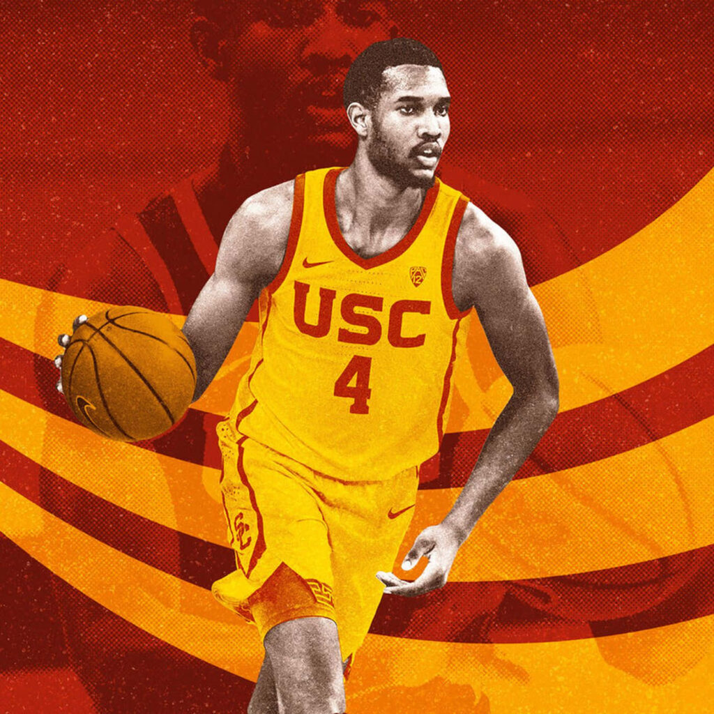 Evan Mobley USC basketball wallpaper dribbling in vibrant uniform with bold red gold background