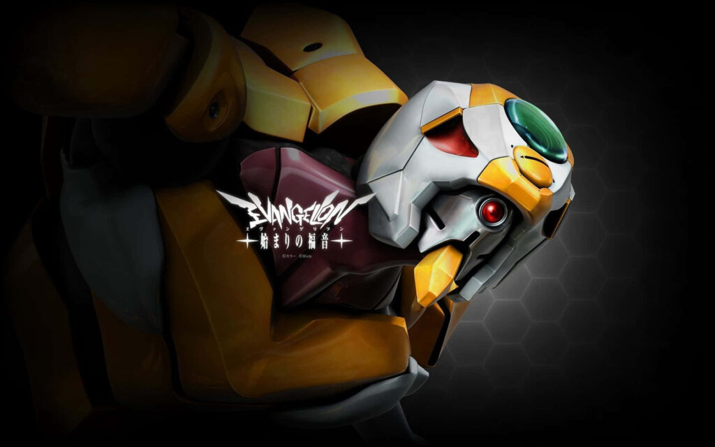Evangelion Unit 00 yellow white armor red visor detailed mechanical design dark background wallpaper