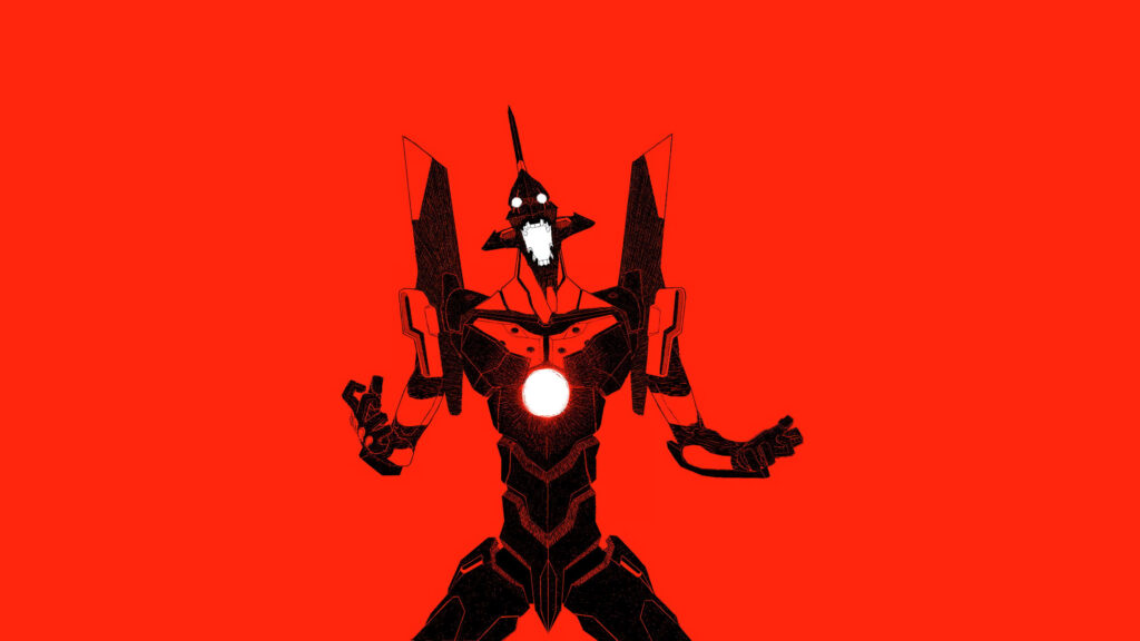 Evangelion Unit in black and red with glowing chest core on vivid red background wallpaper