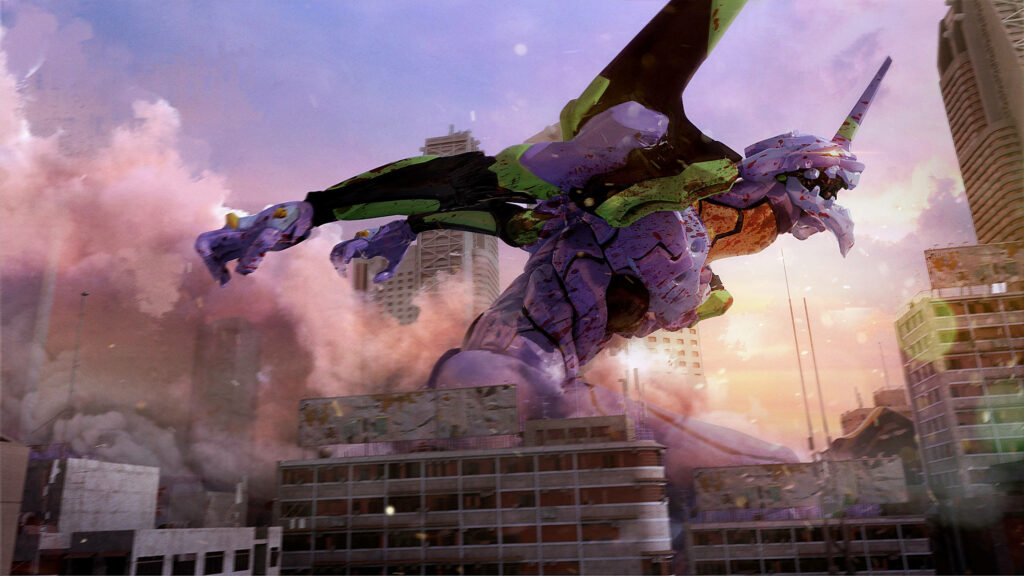 Evangelion Unit-01 towering over city with smoke and debris dramatic 4K anime wallpaper background