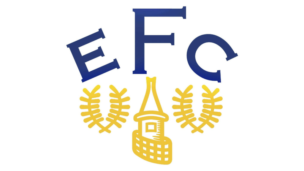 Everton FC 1983 logo wallpaper with blue EFC letters yellow tower laurel wreaths on white background