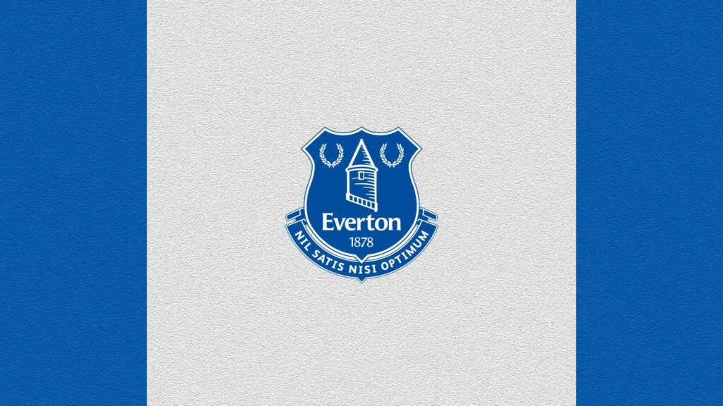 Everton FC emblem centered on white textured background with bold blue vertical stripes wallpaper