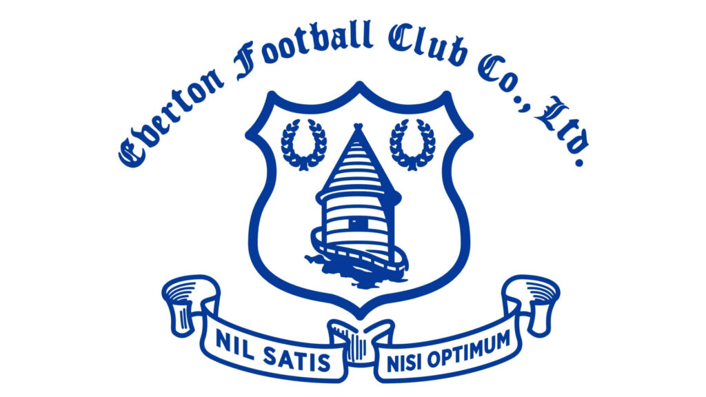 Everton FC crest wallpaper bold blue lines white background iconic tower laurel wreaths motto