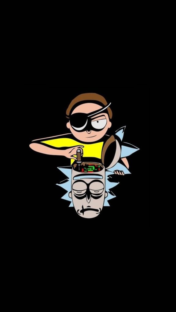 Evil Morty doing cybernetic brain surgery on Rick Sanchez black background digital art wallpaper