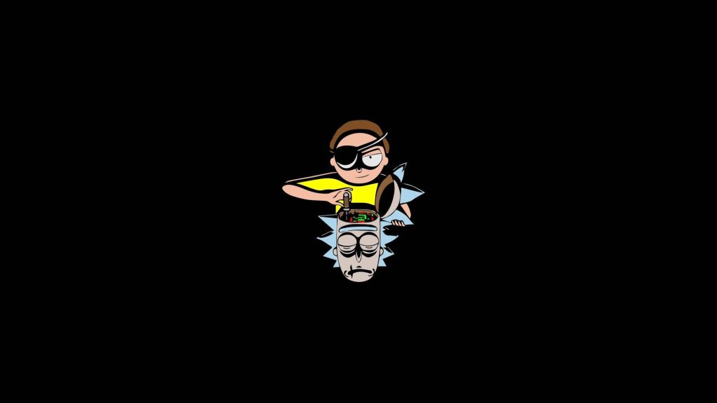 Evil Morty controlling robotic Rick Sanchez head with detailed mechanical interior on black background Wallpaper