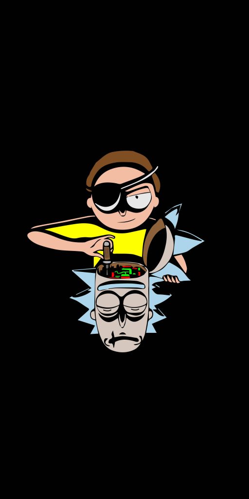 Evil Morty repairing Rick Sanchez circuitry inside head minimalist dark sci-fi wallpaper background