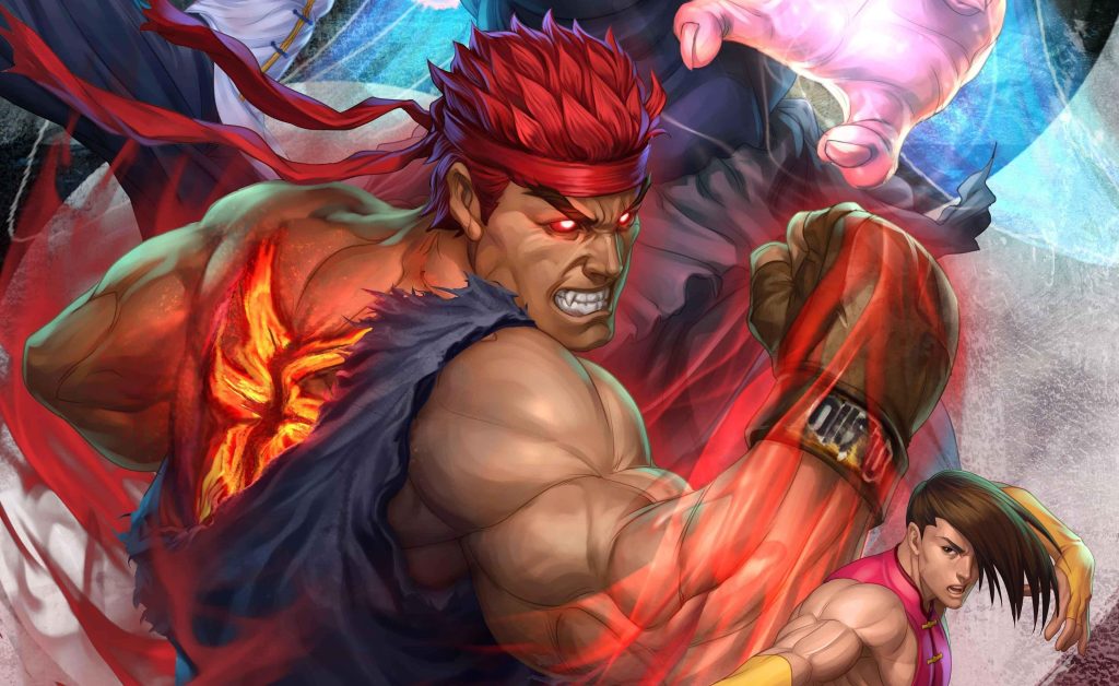 Evil Ryu and Fei Long intense Street Fighter wallpaper glowing crimson energy dynamic fight