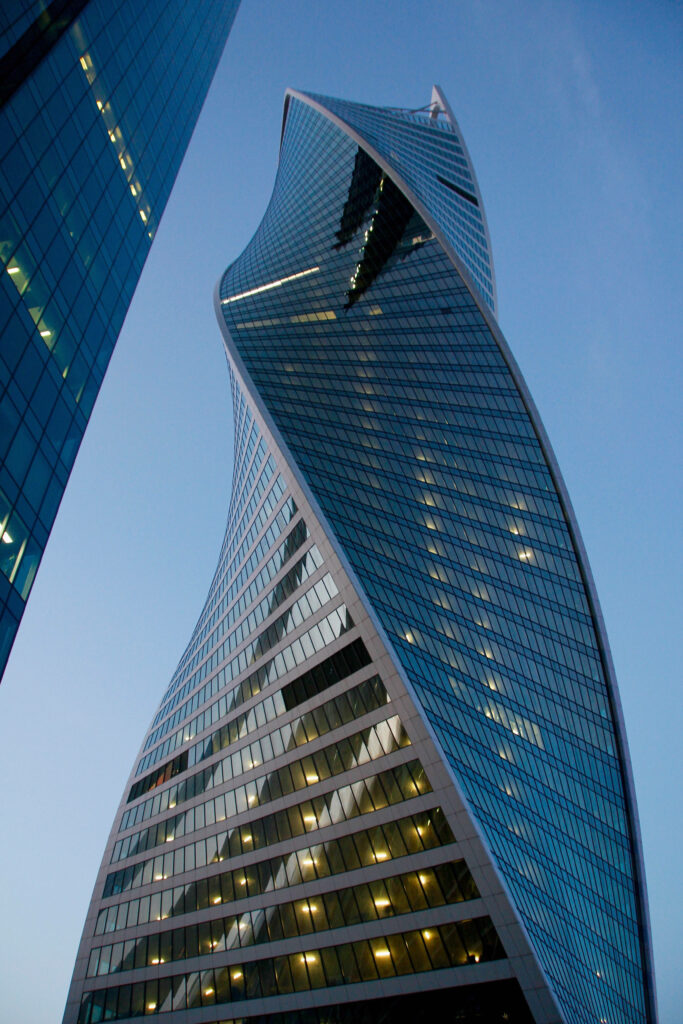 Evolution Tower Moscow twisting skyscraper modern architecture evening sky wallpaper background
