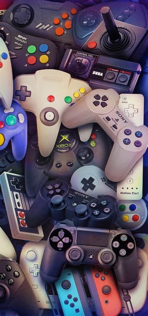 High-definition wallpaper of colorful stacked retro and modern video game controllers collage