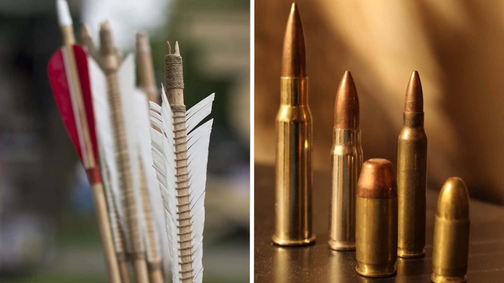 Split-screen image of traditional wooden arrows and modern brass cartridges bullet wallpaper background