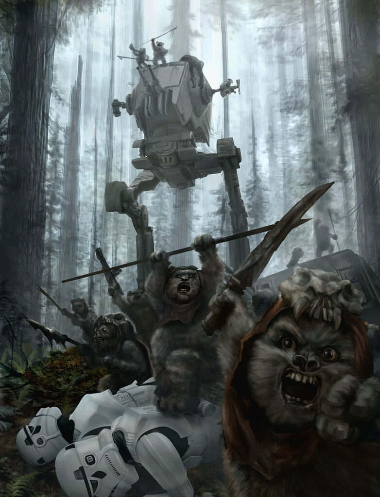 Ewoks Battle Stormtroopers: Gritty Forest Wallpaper Background
