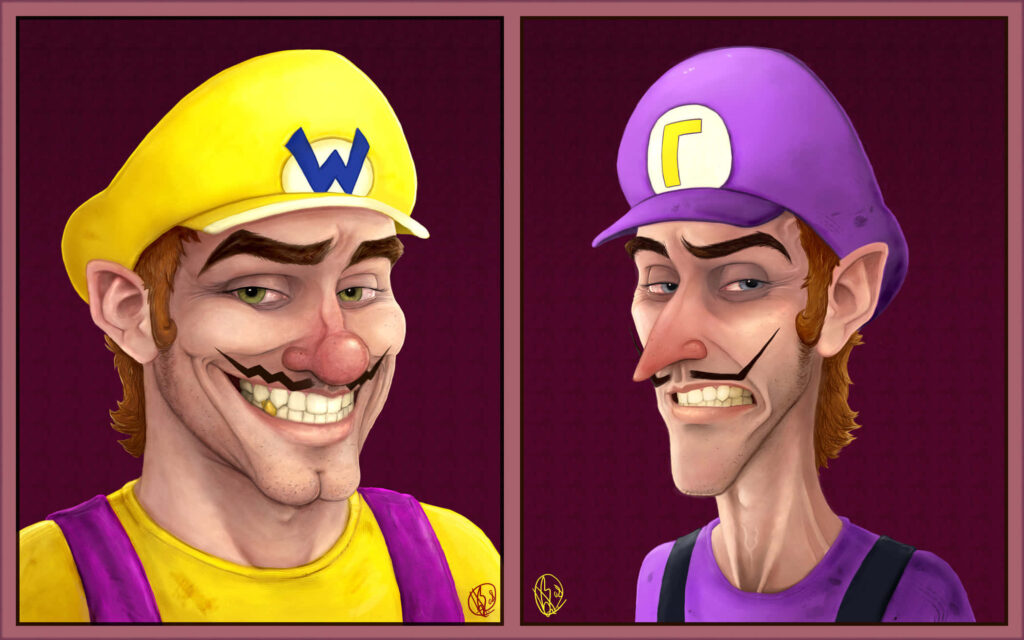 Wario & Waluigi Digital Art Wallpaper: Cartoon Style on Maroon