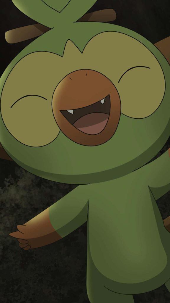 Excited Grookey Pokémon smiling with closed eyes vibrant 2D animation dark wallpaper background