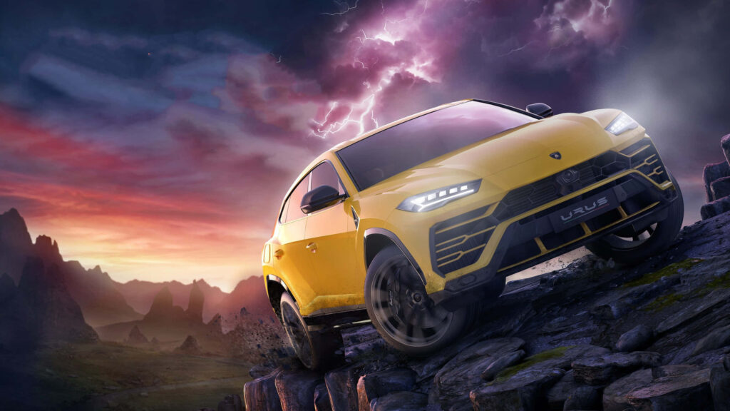 Thrilling Forza Horizon 4 Wallpaper: Yellow Lamborghini on Rugged Terrain