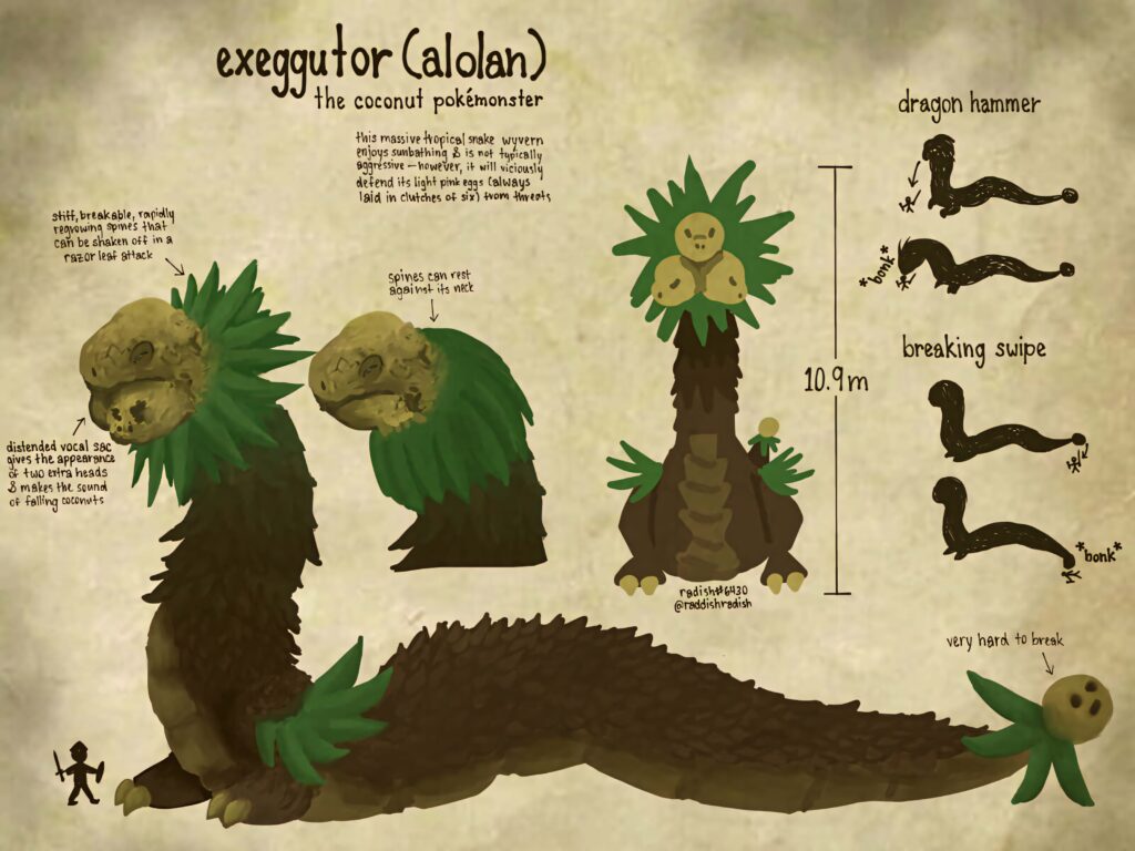 Exeggutor ancient scroll style wallpaper hand-drawn details leafy crown dual heads bestiary art