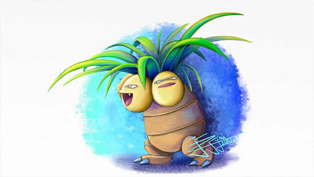 Exeggutor Pokémon stands joyfully in a bright tropical jungle with vibrant green palm leaves Wallpaper