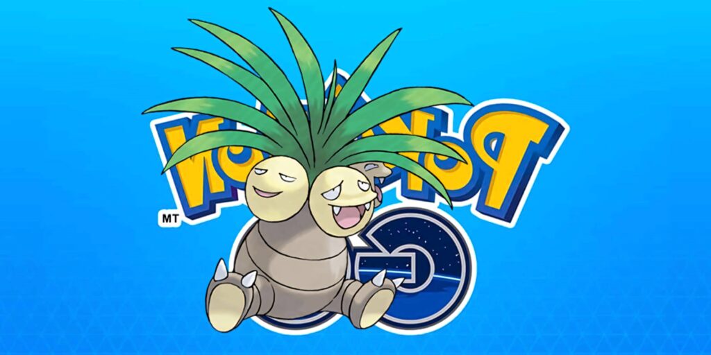 Exeggutor Pokémon Go wallpaper vibrant cartoon multi-headed palm tree bright blue background