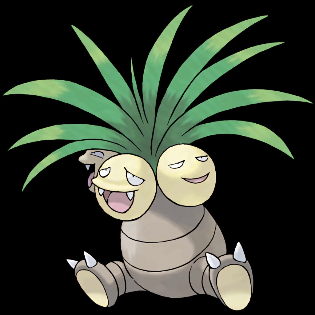 Exeggutor Pokémon with tall coconut heads and palm leaves on white background anime style wallpaper