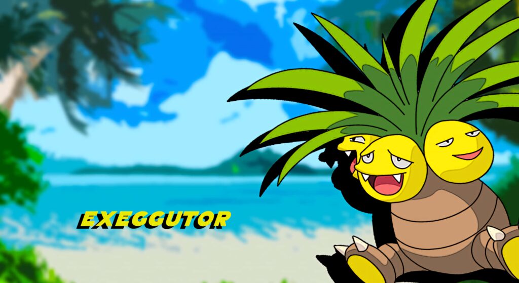 Exeggutor tropical tree Pokémon with expressive faces on vibrant beach background summer wallpaper