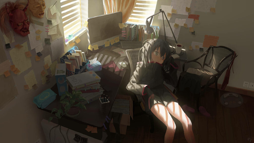 Exhausted Girl in Cluttered Workspace - Dim Light Wallpaper Background