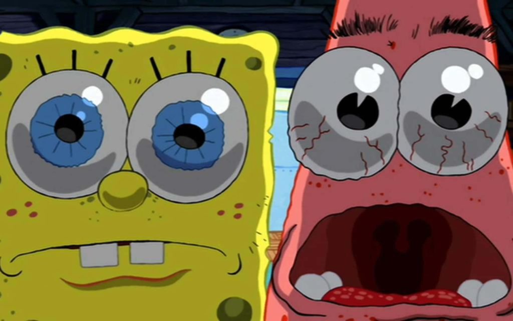 Close-up 2D cartoon of SpongeBob and Patrick with wide bloodshot eyes expressing shock and exhaustion Wallpaper