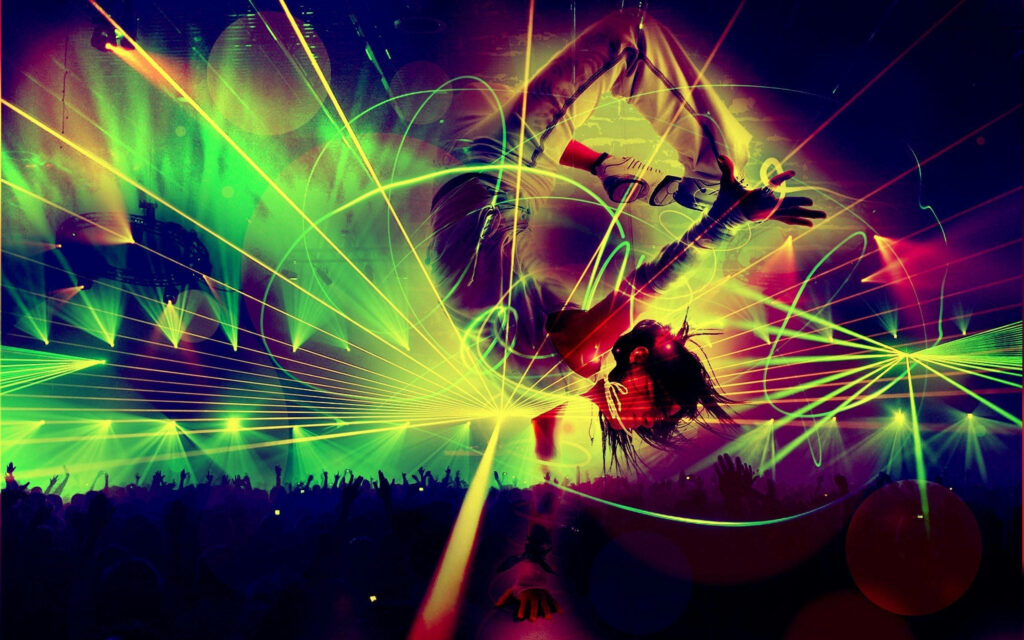 Breakdancer performing dynamic moves with neon green pink lasers vibrant rave party wallpaper