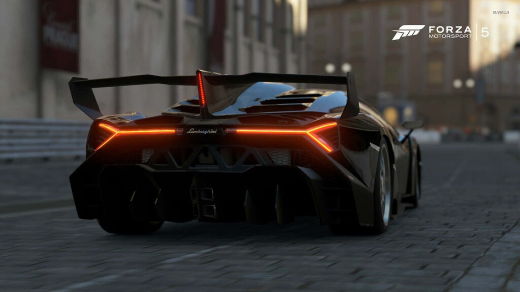 Neon Dream: A Captivating Forza Motorsport 5 Wallpaper Featuring the Mesmerizing Rear of a Lamborghini Veneno