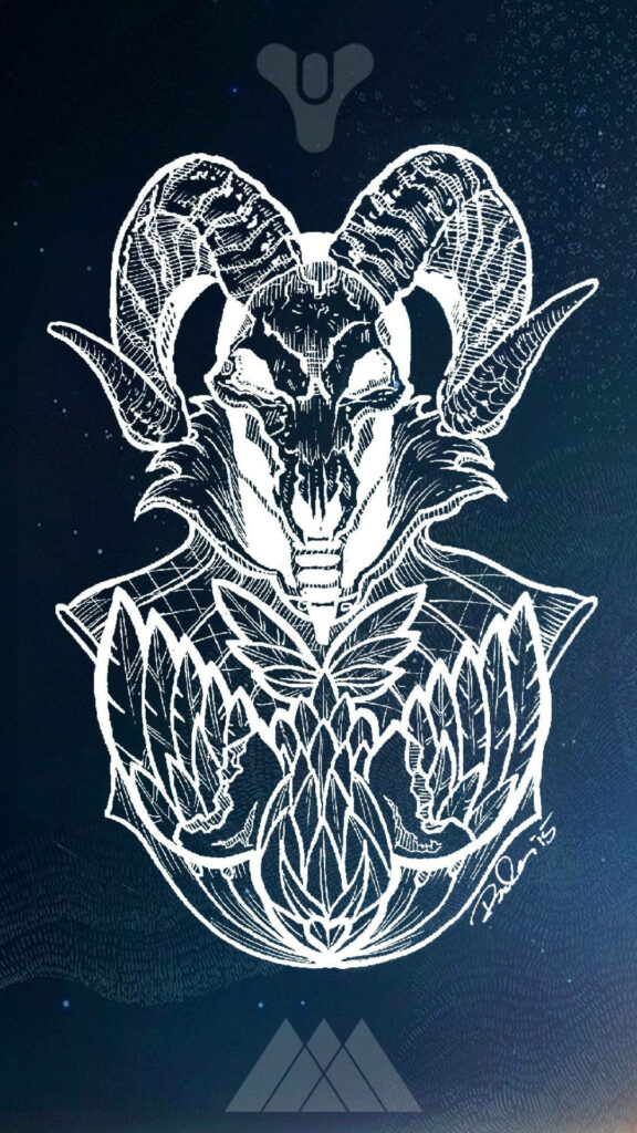 Destiny Ram Helmet Wallpaper: Intricate Line Art on Starry Background
