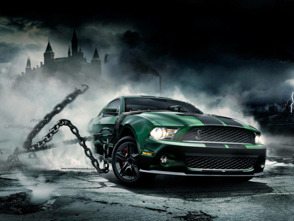 Exotic Green Car 3D Wallpaper with Dark Clouds & Lightning Background