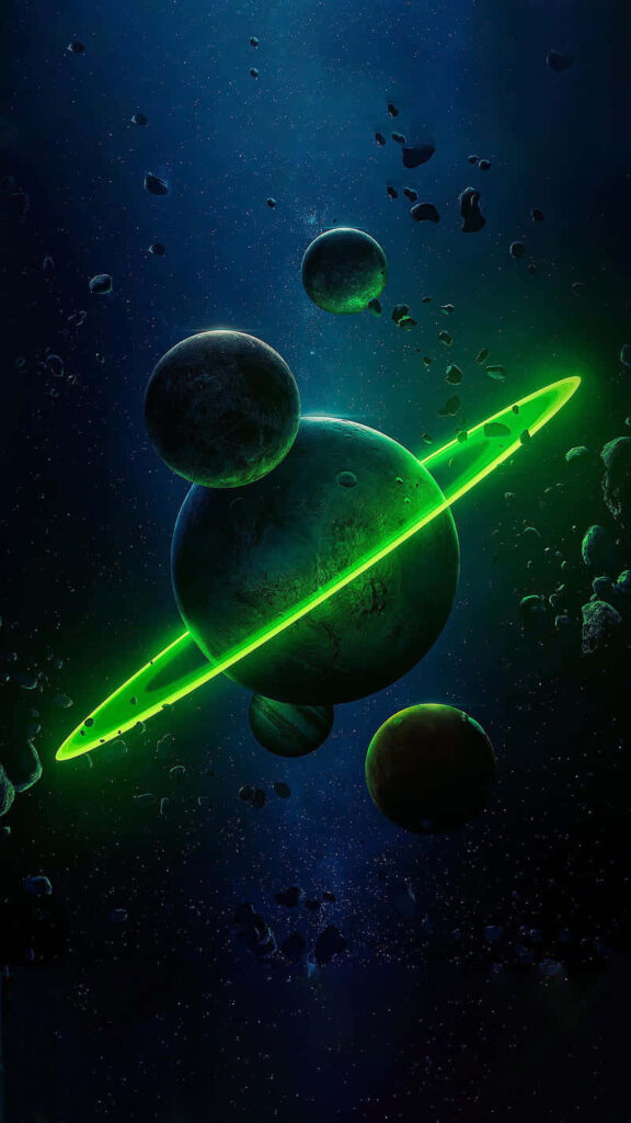 Vibrant Wallpaper: Exotic Planet with Green Rings in Deep Space