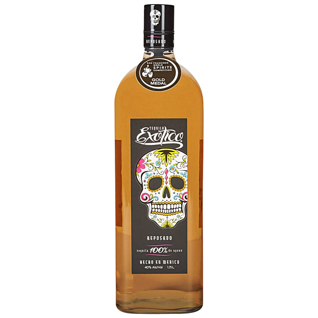 Exotico Tequila Reposado bottle with golden hue and colorful sugar skull label on wallpaper background