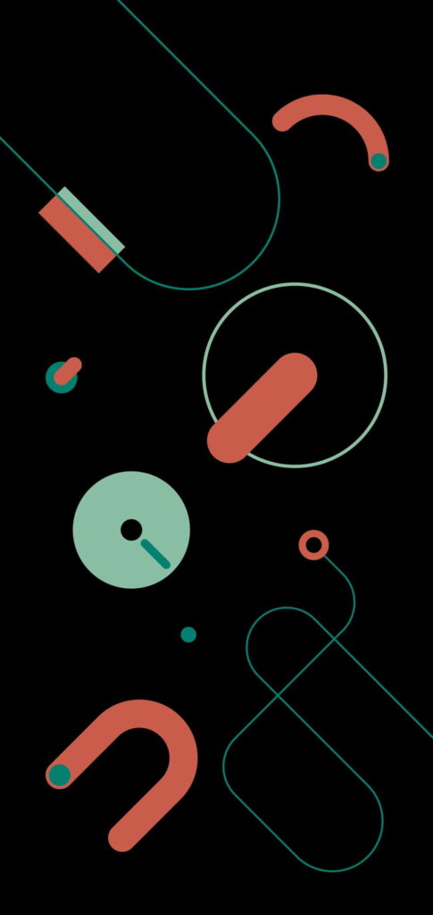 Minimalist geometric Pixel 5 wallpaper with teal outlines and coral capsules on black AMOLED background