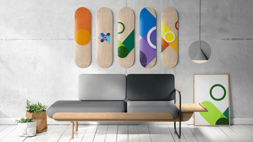 Modern Microsoft Teams virtual background cozy living room gray sofa skateboard wall art bright lighting Wallpaper
