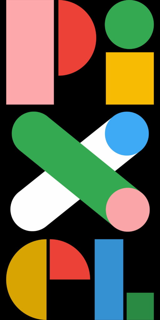 Modern digital wallpaper spelling PIXEL in bold colorful geometric shapes on black background