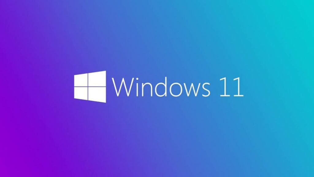 Windows 11 wallpaper with white logo on vibrant blue to purple gradient minimalist background
