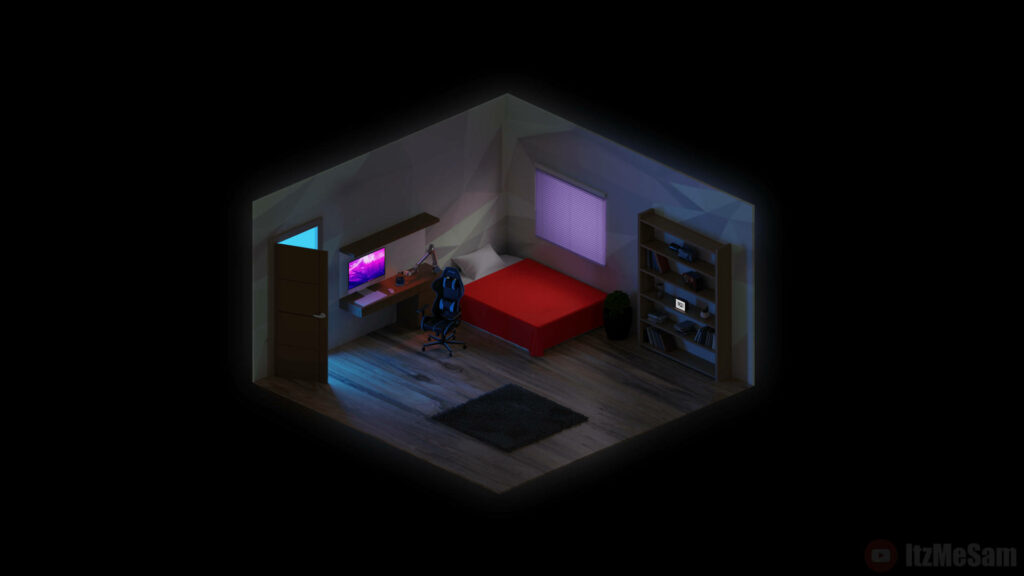 Cozy isometric gaming bedroom with glowing monitor red bed and purple-lit blinds digital render Wallpaper