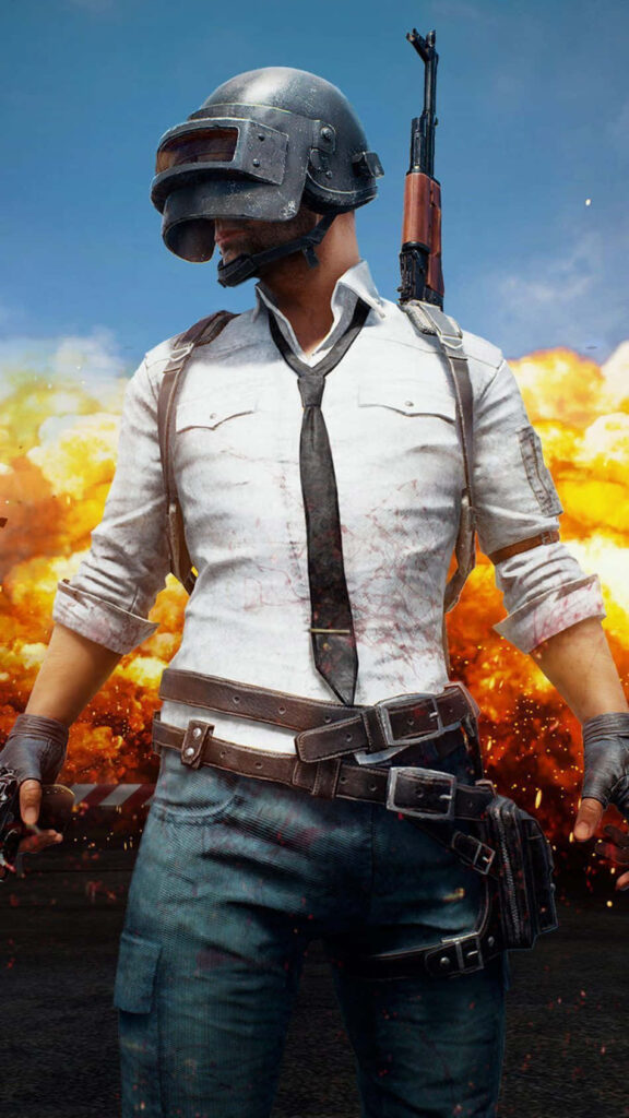 Intense PUBG character wallpaper with explosive combat scene
